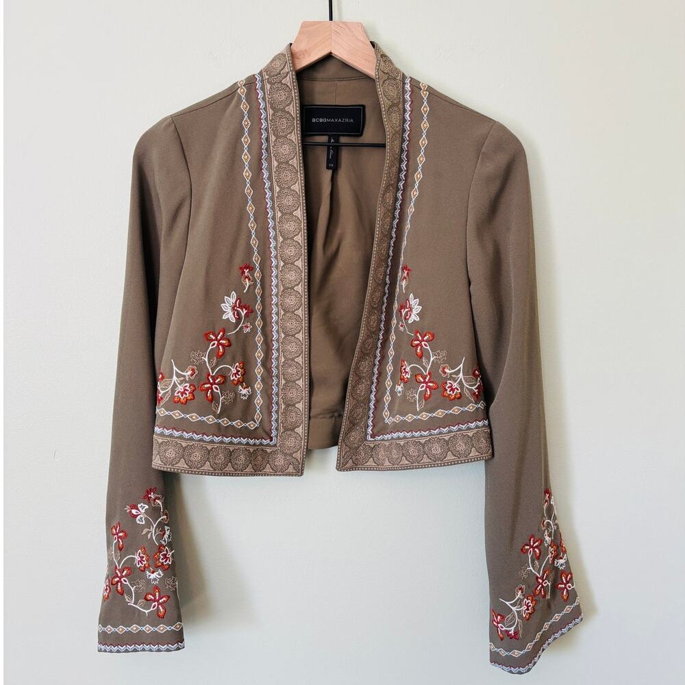 BCBGMAXAZRIA Green Embroidered Cropped Jacket XS Boho Open Blazer Cottage Boho - Picture 2 of 8